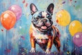 surprised dog on solid bright background with colorful balloons.