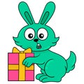 Surprised faced rabbit for getting easter gifts, doodle icon image kawaii