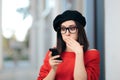 Surprised Fashion Woman Reading a Text Message Royalty Free Stock Photo