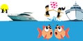 Surprised fishes happy couple jumping from yatch vector graphics