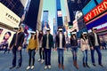 Surprised friends exploring metaverse on vr glasses and walk in street. Virtual reality and wearable tech concept with Royalty Free Stock Photo