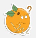 Surprised frustrated apricot character thinks with question mark over head. Hand drawn cartoon icon with stroke. Cartoon vector