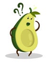 Surprised frustrated avocado character is looking for missing bone under his feet. Cartoon vector isolated on white background