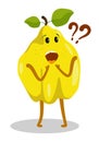 Surprised frustrated pear, quince character stands at loss with question mark above head. Cartoon vector isolated on white