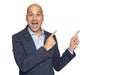 Surprised funny bald guy is pointing fingers aside. Isolated Royalty Free Stock Photo