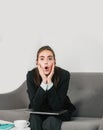 Surprised funny businesswoman working on laptop with too much work in office. Secretary girl. Business emotions. Royalty Free Stock Photo