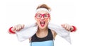 Surprised funny fitness woman ready for gym