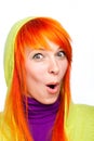 Surprised funny red hair woman with open mouth