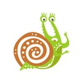 Surprised funny snail character, cute green mollusk hand drawn vector Illustration Royalty Free Stock Photo