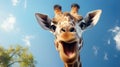 Surprised giraffe against blue sky