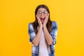 surprised girl with eyesight glasses and checkered shirt. teenage girl wear eyesight glasses. teenage girl can see with Royalty Free Stock Photo