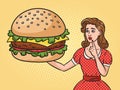 Surprised girl with giant burger pop art vector