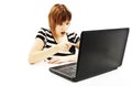 Surprised girl with laptop. Pointing at it Royalty Free Stock Photo