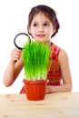 Girl with magnifier and grass