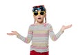 Surprised girl with sunglasses with spread hands Royalty Free Stock Photo