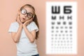 Surprised girl 5 - 7 years old in round glasses against the background of a blurred sivtsev table for checking visual Royalty Free Stock Photo