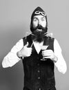 Surprised handsome bearded pilot with long beard Royalty Free Stock Photo