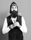 Surprised handsome bearded pilot with long beard Royalty Free Stock Photo
