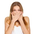 Surprised happy beautiful woman covering her mouth with hand. isolated over white Royalty Free Stock Photo