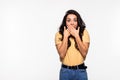 Surprised happy beautiful woman in excitement isolated over white background Royalty Free Stock Photo