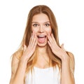 Surprised happy beautiful woman in excitement. Isolated over white Royalty Free Stock Photo