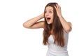 Surprised happy beautiful woman looking sideways in excitement, on white background