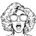 Surprised happy excited young attractive woman with open mouth, curly hair and sunglasses, vector illustration Royalty Free Stock Photo