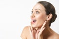 Surprised happy young woman looking sideways in excitement. Royalty Free Stock Photo