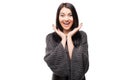 Surprised happy young woman looking sideways in excitement over white background Royalty Free Stock Photo