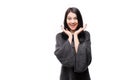 Surprised happy young woman looking sideways in excitement over white background Royalty Free Stock Photo