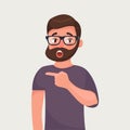 Surprised hipster beard man points. Incredible or hot news. Shocking suggestion. Vector cartoon illustration