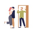 Surprised husband coming home looking to wife kissing with another man vector flat illustration. Adultery, cheating on