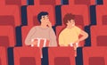 Surprised, interested young man, boys at movie theater eating popcorn in empty cinema hall. Teenager friends, two