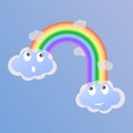 Surprised and joyful clouds and a rainbow between them. Vector illustration