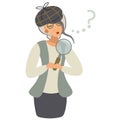 Surprised lady detective looks through a magnifying glass and cannot understand what happened. Woman in a Sherlock Royalty Free Stock Photo