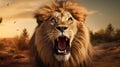 Surprised Lion Roaring At Sunset - Photorealistic Vray Tracing Art