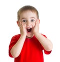 Surprised little boy portrait in red tshirt isolated Royalty Free Stock Photo