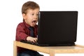 Surprised little boy working on a laptop computer Royalty Free Stock Photo