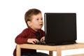 Surprised little boy working on a laptop Royalty Free Stock Photo