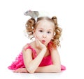 Surprised little girl with pet rat on her head Royalty Free Stock Photo