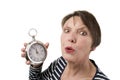Surprised look with clock on white Royalty Free Stock Photo