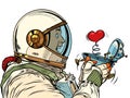 Surprised male astronaut looks at a red heart in a UFO flying ship box valentine surprise greeting, love romance