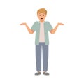 Surprised Man Character in Casual Jeans and Shirt Standing and Shrugging Shoulders Vector Illustration