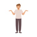 Surprised Man Character in Casual Pants Standing and Shrugging Shoulders Vector Illustration