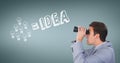 Surprised man looking through binoculars against blue background with illustrations Royalty Free Stock Photo