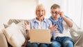 Surprised mature couple winning online auction, using laptop Royalty Free Stock Photo