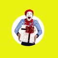 Surprised mime with gift.Funny actor in red beret