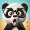 Surprised panda with bulging big eyes wear glasses on bright color background. ai generative