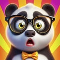 Surprised panda with bulging big eyes wear glasses on bright color background. ai generative