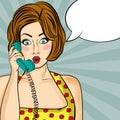 Surprised pop art woman chatting on retro phone . Comic woman w Royalty Free Stock Photo